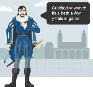 Cymeriad Shakespearaidd gyda swigen siarad yn dweud: "Cuddied yr wyneb ffals beth a ?yr y ffals ei galon."