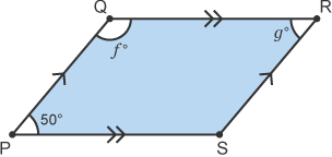 A rhombus with angles marked (left to right) 50°, f° and g°.