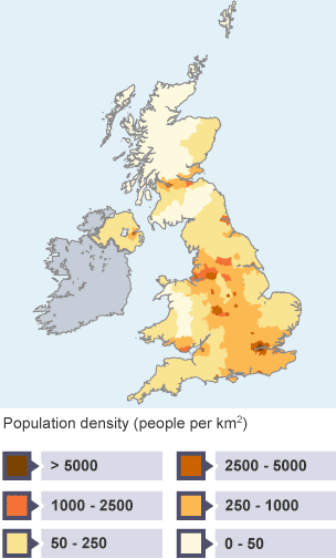 London has the highest population density, at more than 5,000 people per sq km. Central Wales and northern Scotland have the lowest population densities, at less than 50 people per sq km.