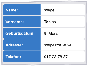 A table featuring fields for personal information for a young boy, including his name, surname, DOB, address, telephone.