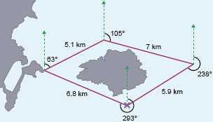 5.1km line on 63 degree bearing leads to 7km line on 105 degree bearing. 5.9km line on 238 degree bearing touches purple cross. 6.8km line at 293 degree bearing joins up with start.