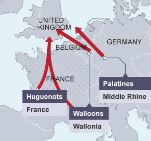 A map of Europe which illustrates where the key Protestant refugees, Walloons, Huguenots and Paletines, came from