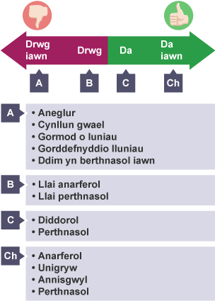 Siart gyda'r penawdau 'Drwg iawn', 'Drwg', 'Da', 'Da iawn', sy'n nodi'r pethau pwysig i'w ystyried wrth ddewis llun i'w gynnwys o fewn darn o waith.