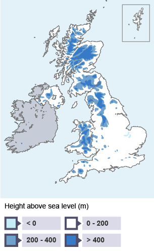 Most of Scotland and Wales has high relief, greater than 200 m above sea level. A small area of eastern England is below sea level.