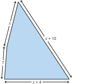 A quadrilateral with the sides labelled 7, x, x + 10 and x + 4