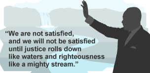 Martin Luther King standing in front of a waterfall and river.