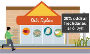 Bwrdd poster y tu allan i Dylan’s Deli yn hysbysebu 30% oddi ar frechdanau ar ôl 3yh!