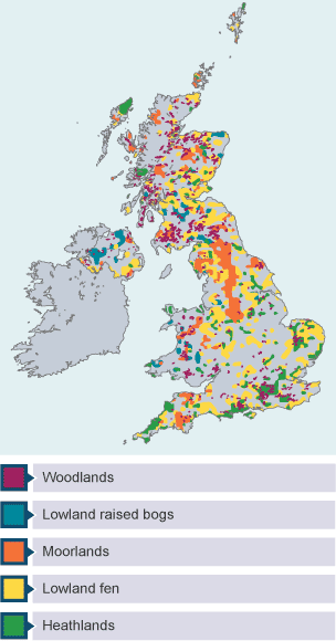 The UK's main ecosystems are woodlands, moorlands, heathlands, lowland raised bogs and lowland fen.