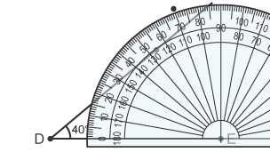 Onglydd wedi ei osod ar ongl ym mhwynt D wedi ei labelu’n 40 gradd a marc lluniadu’n dangos yr ongl 70 gradd o bwynt E