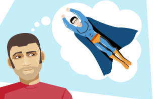 Someone visualising a character they will be playing within a thought bubble