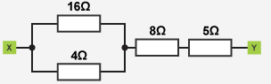 Point X leads to 16 ohms and 4 ohms resistors in parallel then to 8 ohms and 5 ohms resistors in series leading to point Y