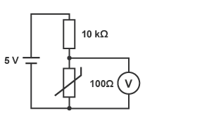 A circuit diagram containing a 5V cell, a 10 kilo ohm resistor, a 100 ohm thermistor and a voltmeter across the thermistor.