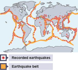 [A] Most earthquakes happen along fault lines. [B] Most volcanoes appear on plate boundaries.