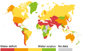 A map of the world showing areas of water surplus and deficit