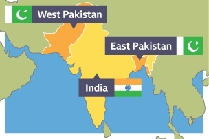 A map to show the states of India, West Pakistan and East Pakistan.