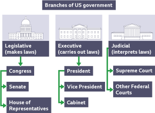 The Legislative branch of the US government includes Congress; Senate; House of Representatives. The Executive is the President and cabinet. The Judicial is the Supreme Court and other federal courts