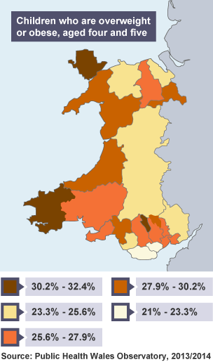 Map of Wales showing children who are overweight or obese, aged four and five.