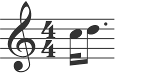 Treble clef, 4/4 time signature and two eighth notes with an extra line 2/3 of the way across the notes.