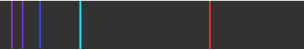 This graphic shows the emission spectrum of visible light for hydrogen. It is a black bar with 5 thin, vertical stripes of colour.