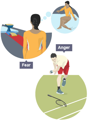 Fear shown in a gymnast worrying about landing badly off a vault and Anger shown in a badminton player throwing their racquet to the ground
