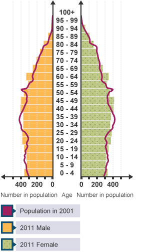 Compared to 2001, in 2011 there are more people aged 20-24, 45-49 and 60-64. There are fewer people aged 10-14 and 30-39.