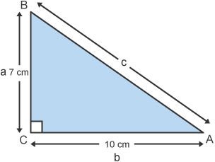 Right angle triangle with sides c, 7cm (a) and 10cm (b)