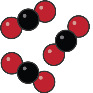 A particle diagram of carbon dioxide showing one carbon atom to two oxygen atoms