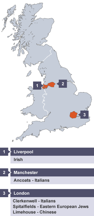 A map showing where different immigrant communities were created in the Industrial period in England.