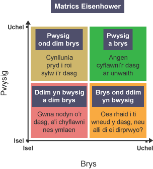 Matrics Eisenhower: Diagram ar ffurf graff wedi ei labelu 'Pwysig' ar yr echelin fertigol, a 'Brys' ar yr echelin lorweddol. Mae 4 blwch gyda nodiadau sy'n manylu ar pwysigrwydd a brys tasgau.