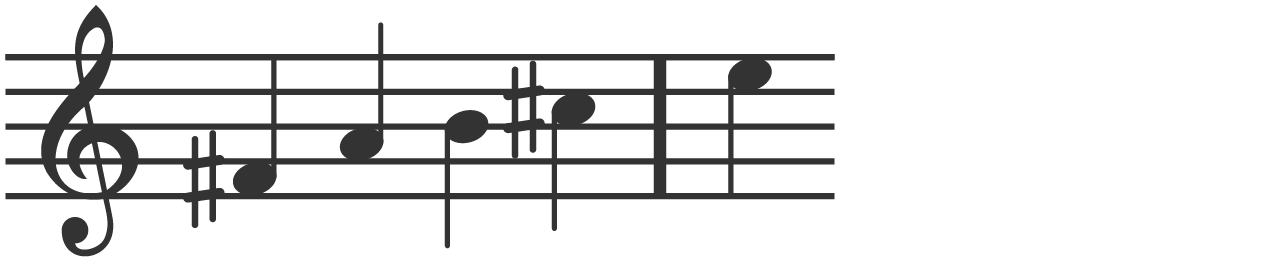 A stave of music with five crotchets in the treble clef.  F sharp, A, B, C sharp and E.