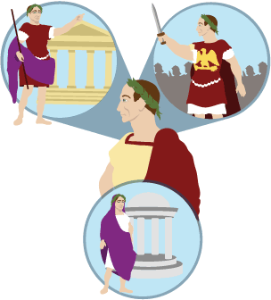 The emperor is depicted in the centre of the illustration, then also in front of a Senate house, with a sword and near a temple.