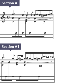 Two extracts of music that shows an original musical idea that is then given variation when it is repeated.