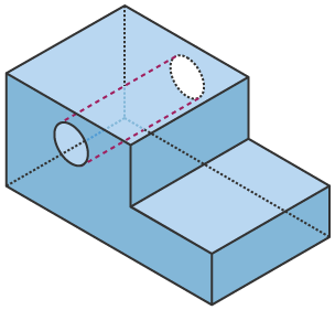 Third angle projection showing the diagram in 3D using standard lines showing where the hidden detail of a hole would appear.