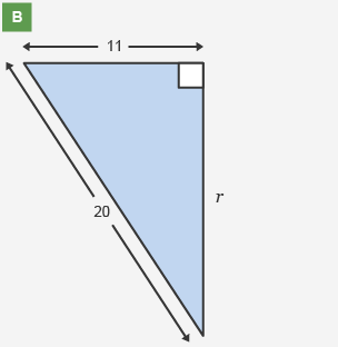 Diagram of a right-angled triangle with values r, 11 and 20.