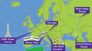 A cartoon map of Europe showing the River Volga, Mount Elbrus, Lake Bled, Venice, the Eiffel Tower and the Alps.