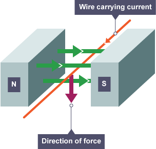 Wire carries current into the screen between north (left) and south (right) magnets. The direction of force is downwards.