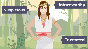 Helena is standing with her hands on her hips against a forest background. She has a suspicious look on her face and is wearing a white dress and flowery headband.