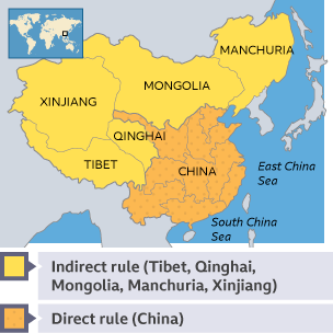 A map of East Asia during the Qing dynasty showing interior China, which was under direct rule, and the periphery (Manchuria, Mongolia, Xinjiang, Tibet and Qinghai) which was under indirect rule