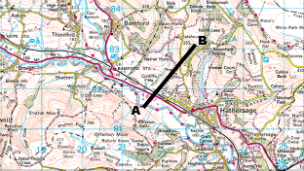 An Ordnance Survey map of Bamford with a straight line marking A to B