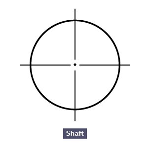 Symbol for shaft. Circle intersected by 4 straight lines and dot in middle