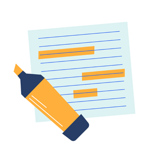 A highlighter pen and sheet of writing with sections highlighted