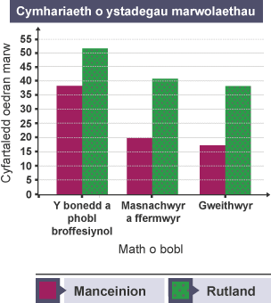 Graff yn dangos oed cyfartalog marwolaethau gwahanol fathau o bobl (y bonedd a’r bobl broffesiynol, crefftwyr a ffermwyr, labrwyr) mewn dau leoliad gwahanol: Manceinion (dinesig) a Rutland (gwledig).