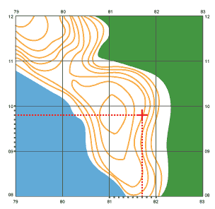 An illustrated map with grids and coordinates