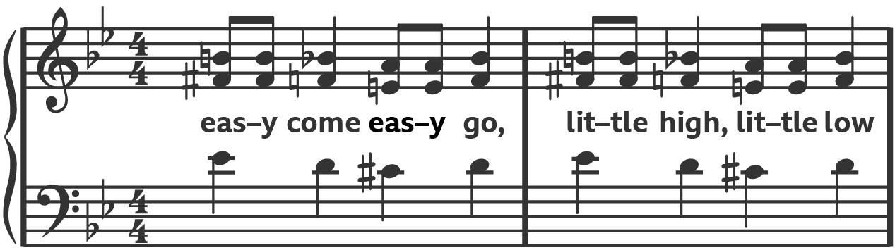 Musical notation for the lyrics easy come easy go.