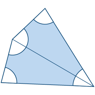 Blue quadrilateral divided into two triangles. Angles marked