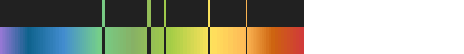 Spectrum of colour, thin black lines dividing into unequal parts. Spectrum directly above it is black with thin coloured lines, all different colours, dividing it up into the exact same unequal parts.