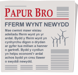 Front page of a newspaper showing a story about a wind farm