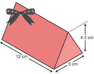 A triangle prism measuring 12 cm x 5 cm x 4.3 cm