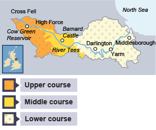 The River Tees runs from Cross Fell to the North Sea, in northeast England. The upper course ends with High Force. The middle course runs near Barnard Castle.