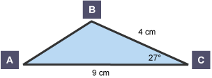 Triangle with 27 degree angle, sides of 4 and 9cm and lables of A, B and C